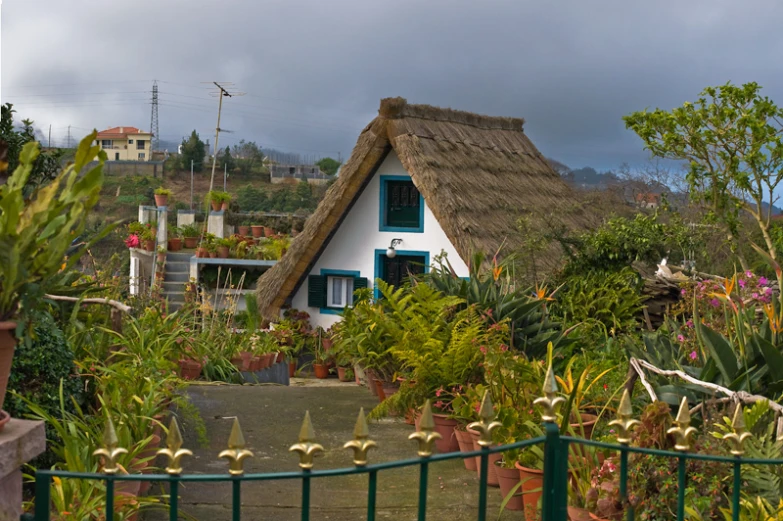 a home with a thatched roof next to a garden