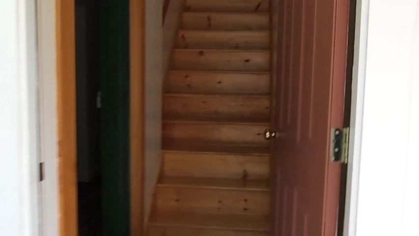 a doorway, and wooden stairs in a house