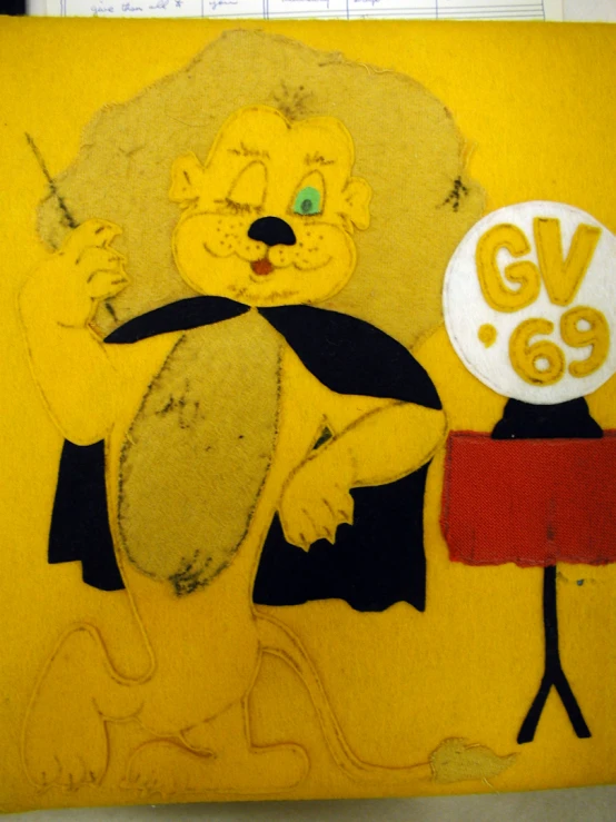 a yellow painting with a person wearing an animal suit