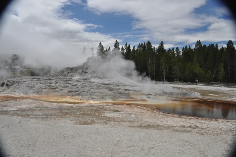 a geyser field surrounded by trees in the background