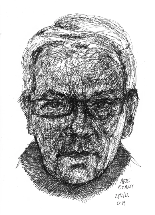 a black and white drawing of a man