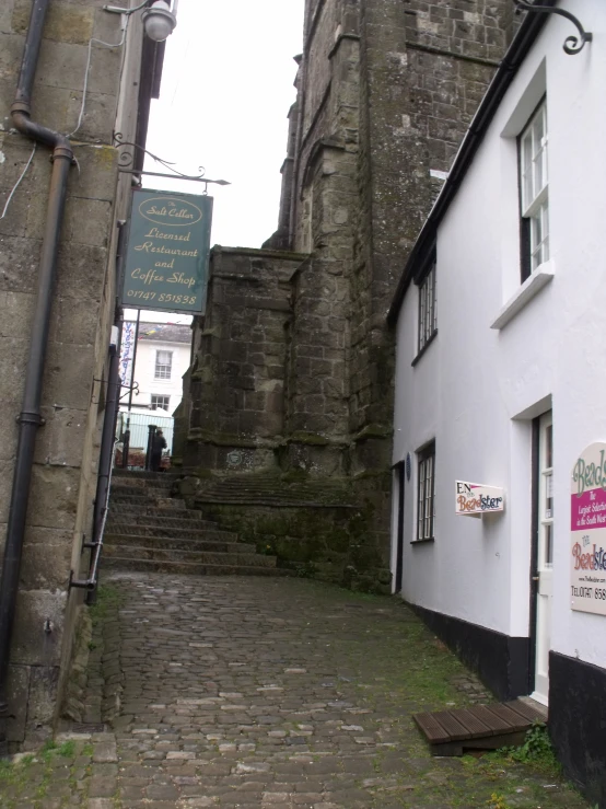 a stone and bricked street with stairs going up