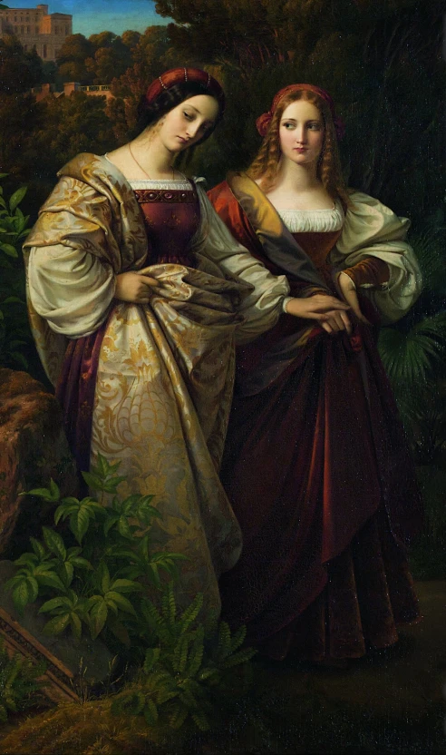 a painting of two women dressed in renaissance costumes