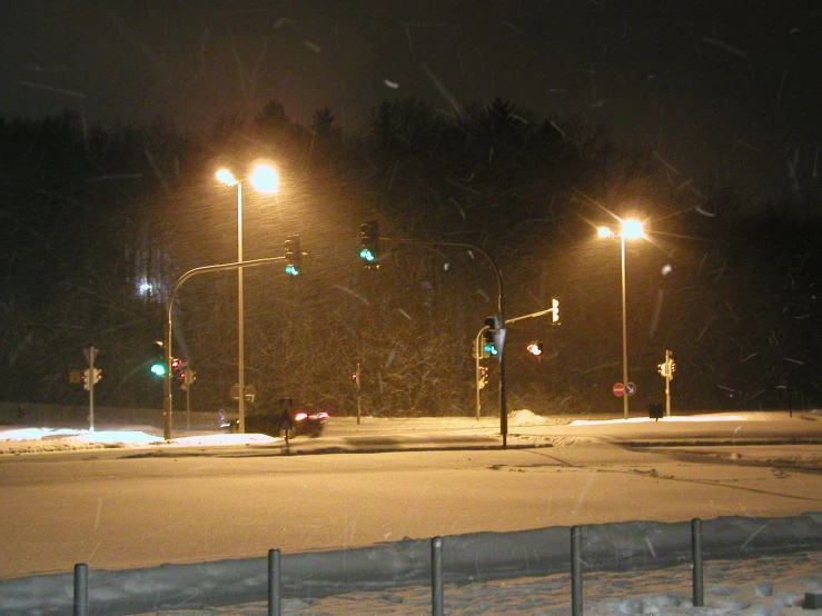 street lights and street lights on a snowy night
