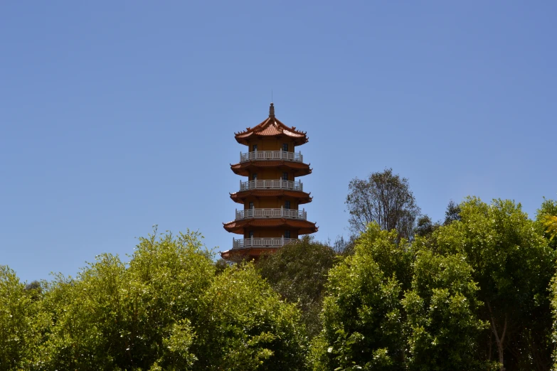 a tall tower standing between trees and a clear blue sky