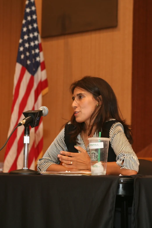 a woman sitting in front of a microphone