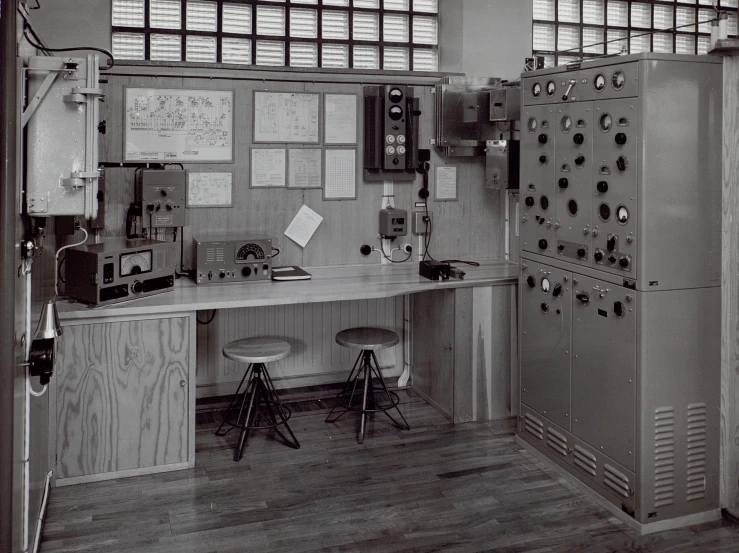 an industrial home office is shown with lots of electrical equipment