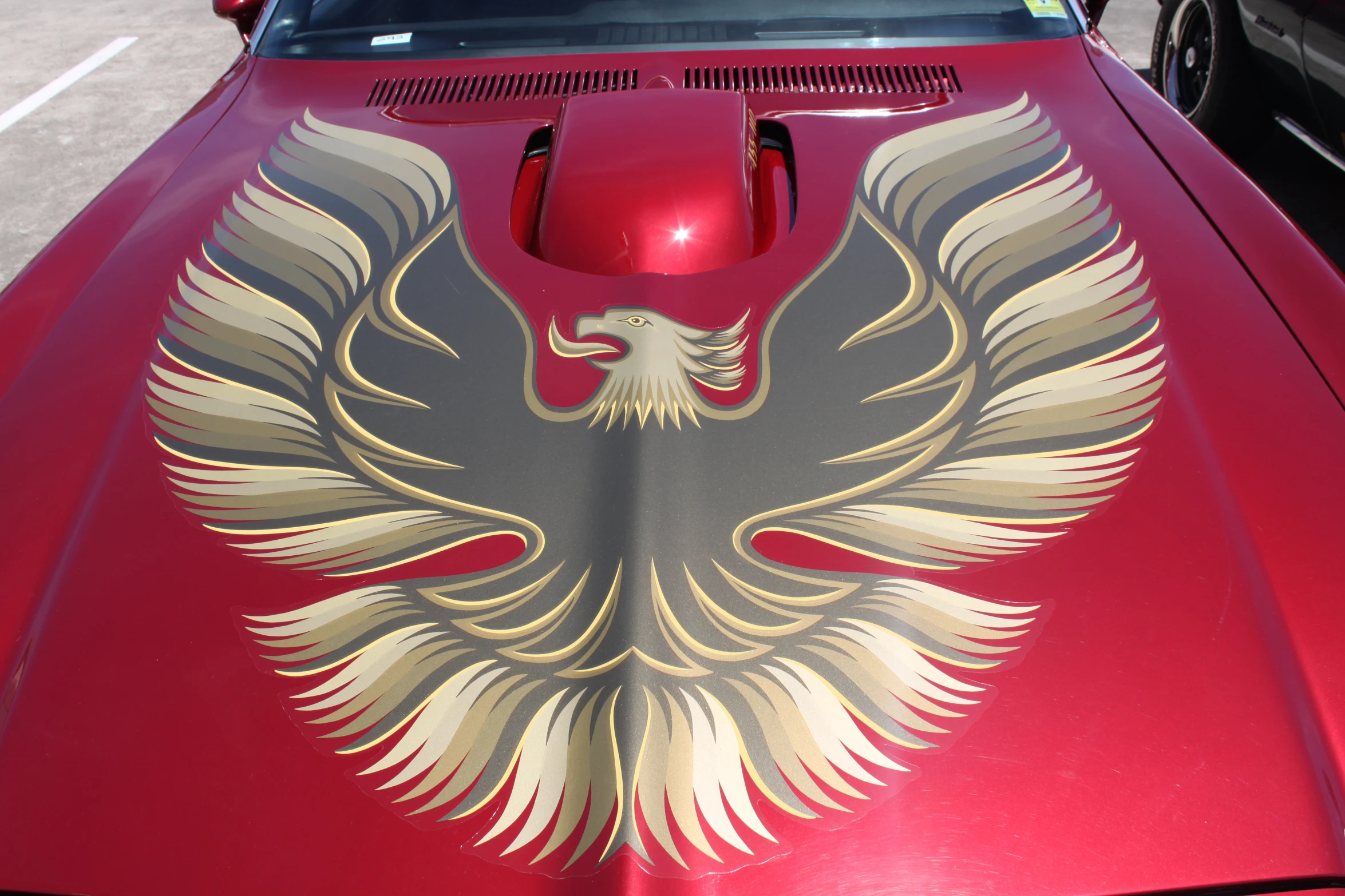 an eagle emblem is painted on the hood of a red sports car