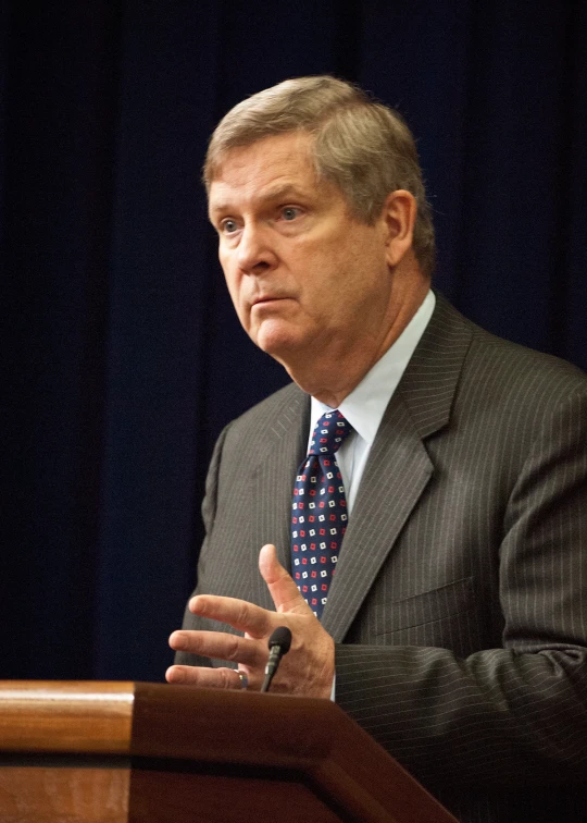 a man in a suit is standing at a podium