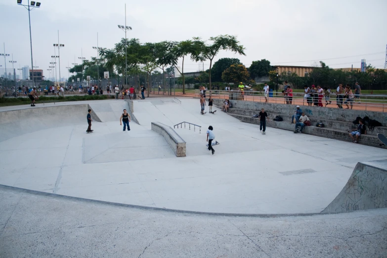 skateboarders in a skate park with ramps and railing