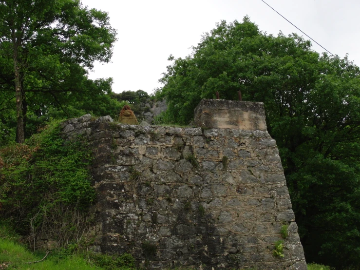 a large stone wall between two green trees