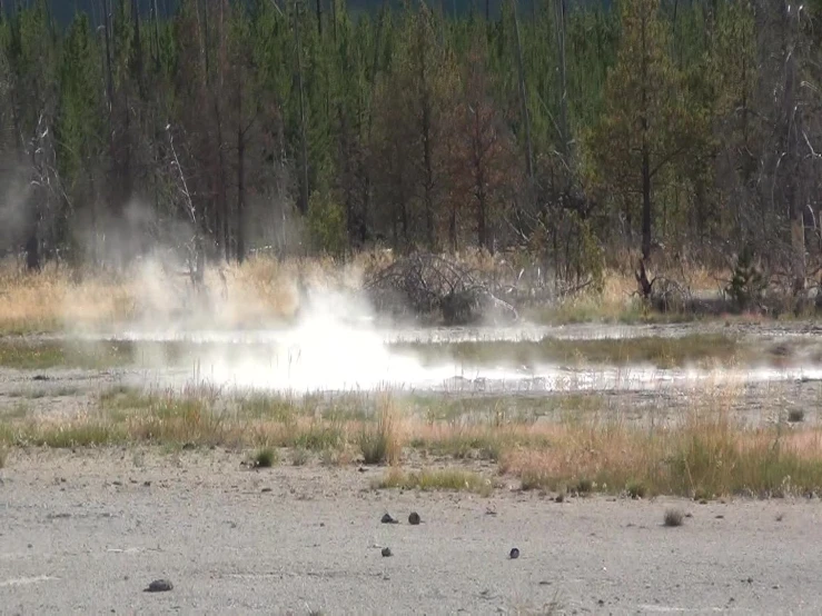 a small pond is full of water while smoke rises from the water