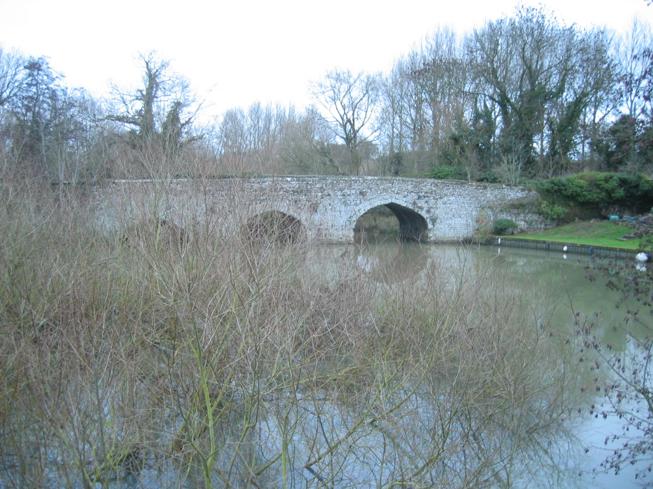 an old stone bridge crossing over water and vegetation