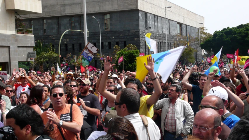 a crowd of people holding flags and wearing sun glasses