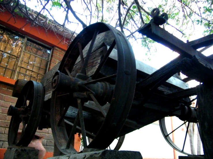 an old cannon sitting outside next to a tree