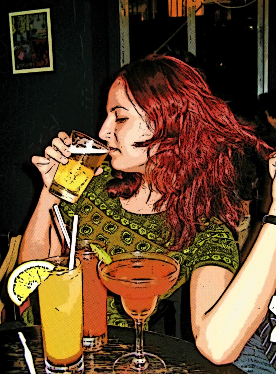 a woman taking a drink from a tall glass