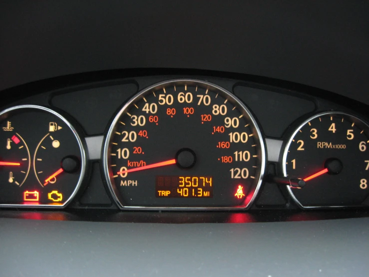 a meter displayed on an automobile at night