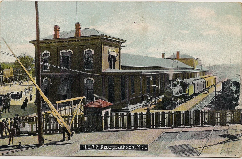 an old postcard shows a city street with a horse and buggy