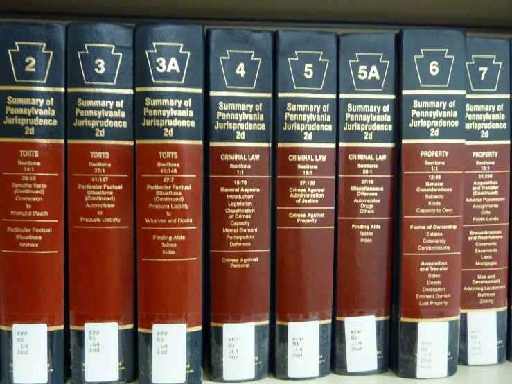 a row of black and red books sitting on a shelf