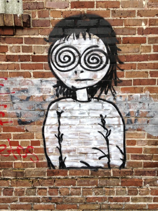 graffiti on the side of a brick building depicting a child with eyes