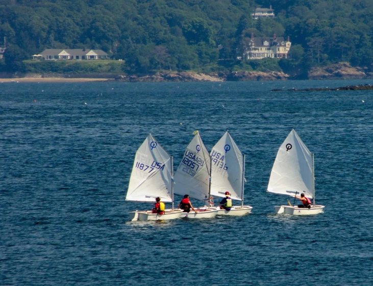 some white boats are on a body of water