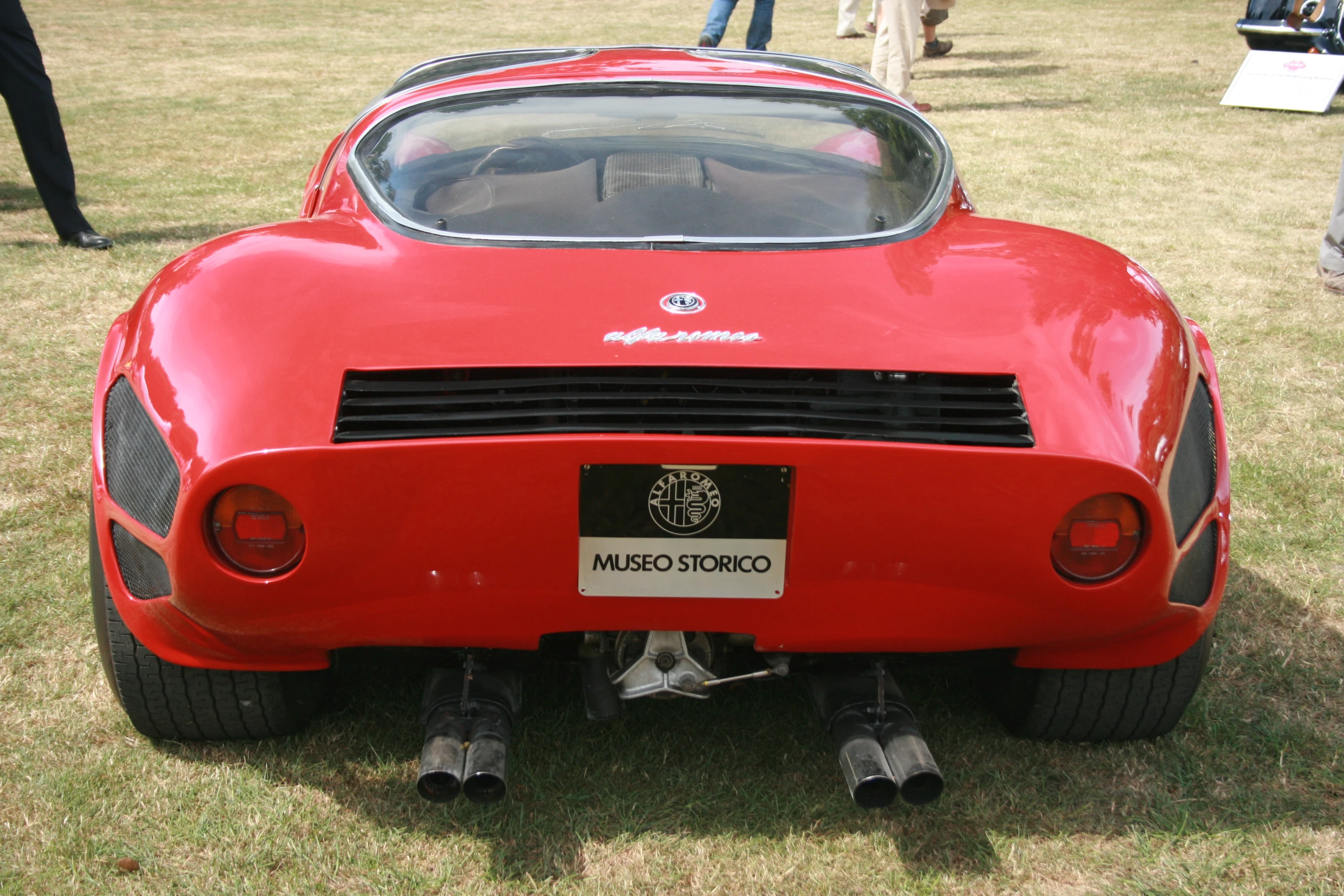 a red sports car sitting on top of a green field