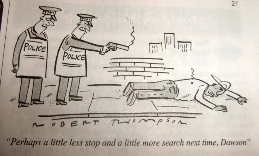 a cartoon of police officers showing a man lying on the ground