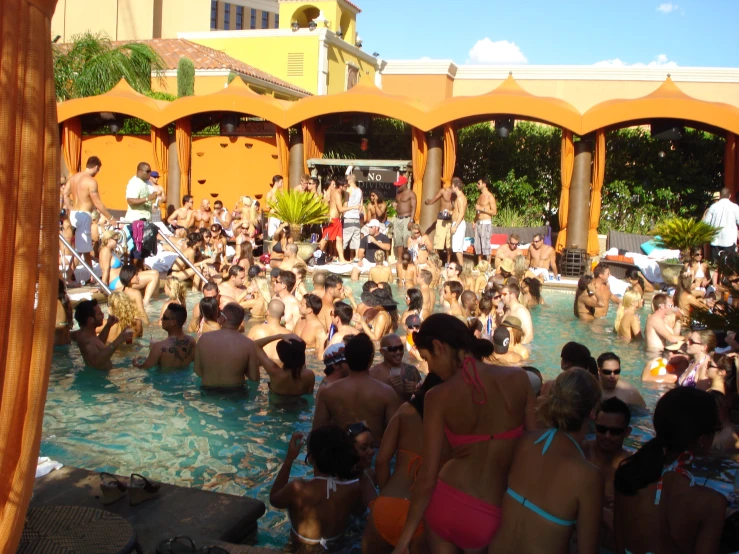 a large group of people at a pool with 