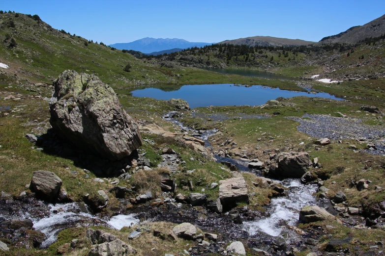 a mountain stream that is surrounded by grass