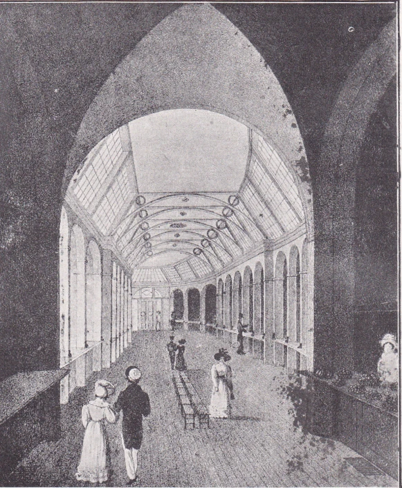 an old drawing shows people walking down the inside of a building