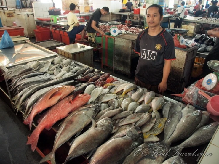 some workers are doing work in a fish market