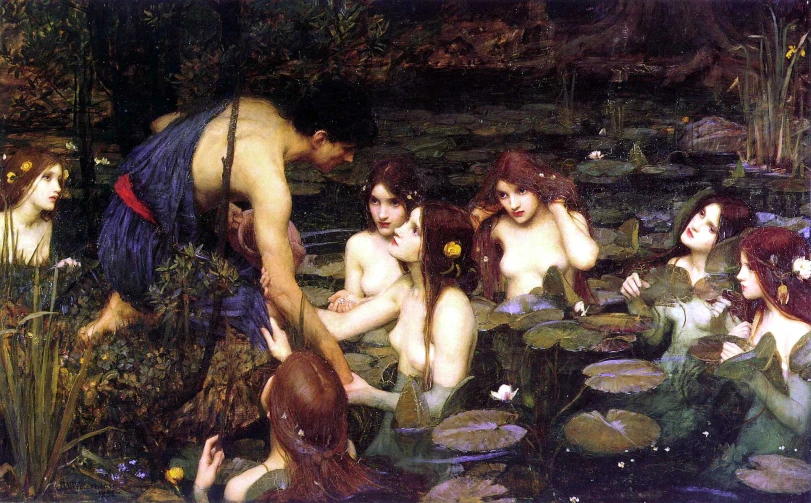 a painting shows a person sitting in the water