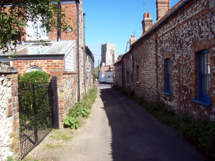 old buildings with ivy growing on them and a street in the distance