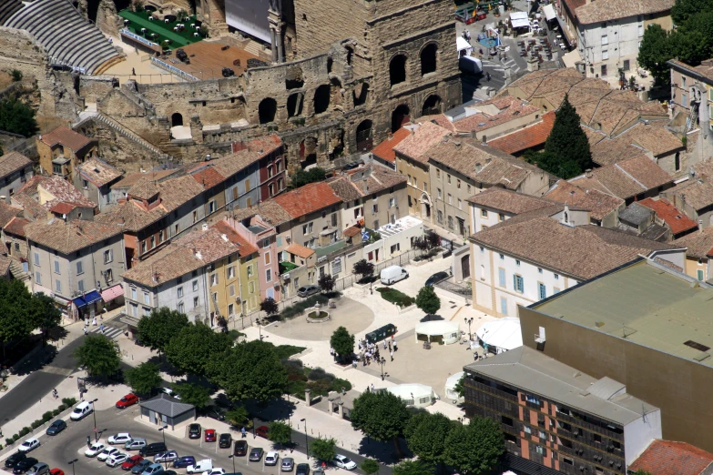 this aerial po shows the roof tops of old buildings