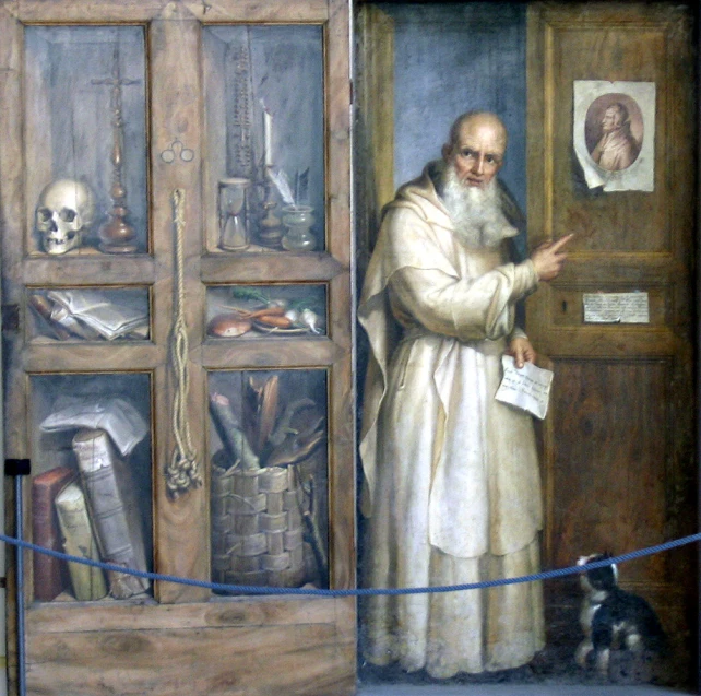 a painting shows a man looking into his shop