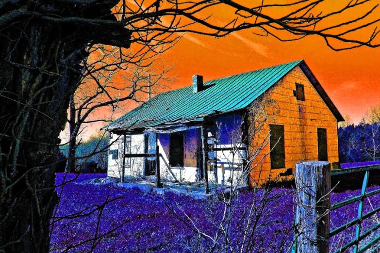 an artistic painting of a home sits in a purple field