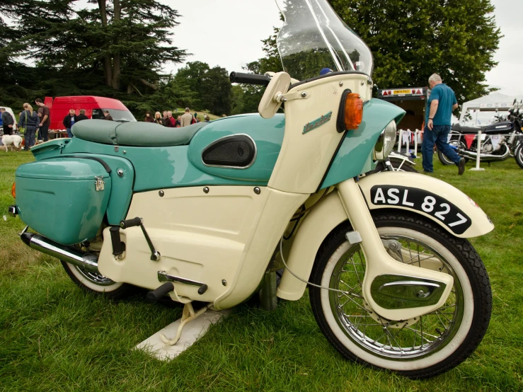 a motorcycle with a sidecar is parked in a park