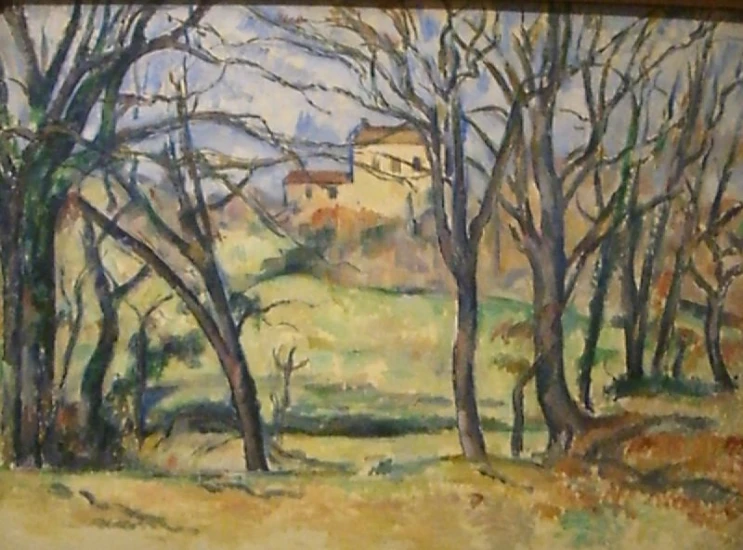 a painting of trees and houses in the background