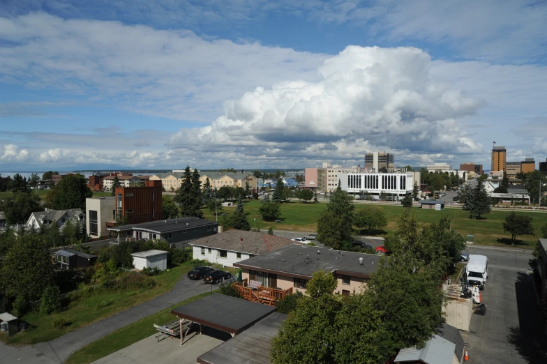 a city under clouds and the sky with tall buildings