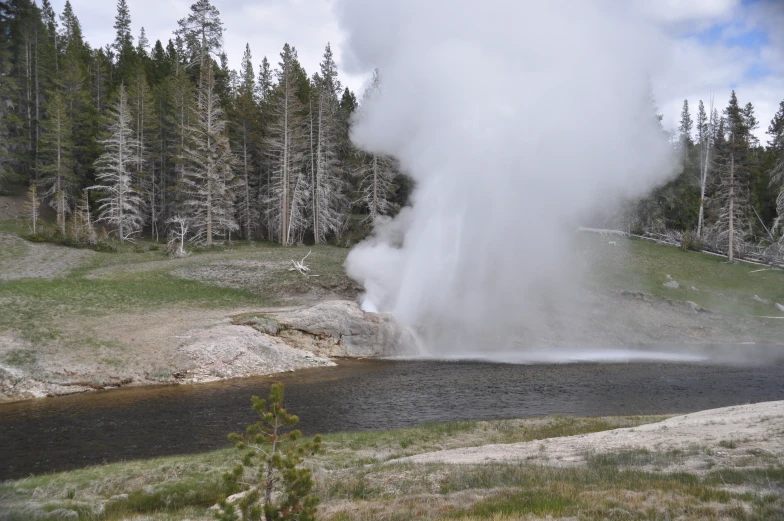 a geyser near a body of water surrounded by trees