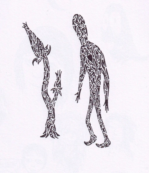 an artistic drawing of two people facing each other