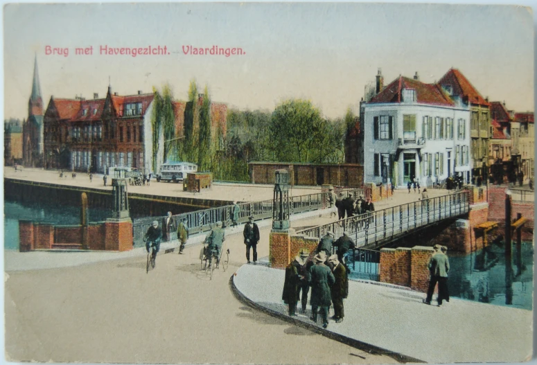 people are walking on the pavement near a canal