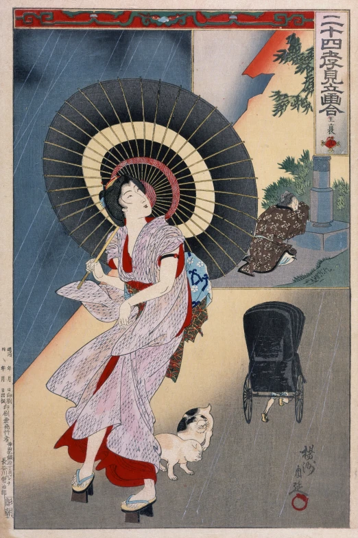 a japanese woman in a gown holding an umbrella