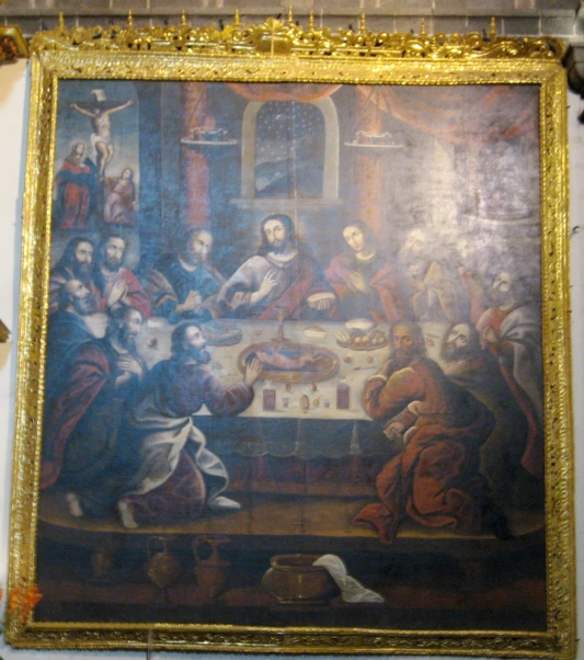 a painting hanging on the wall in an old room