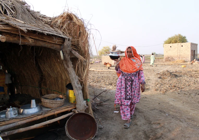 a person walking through a field towards a hut