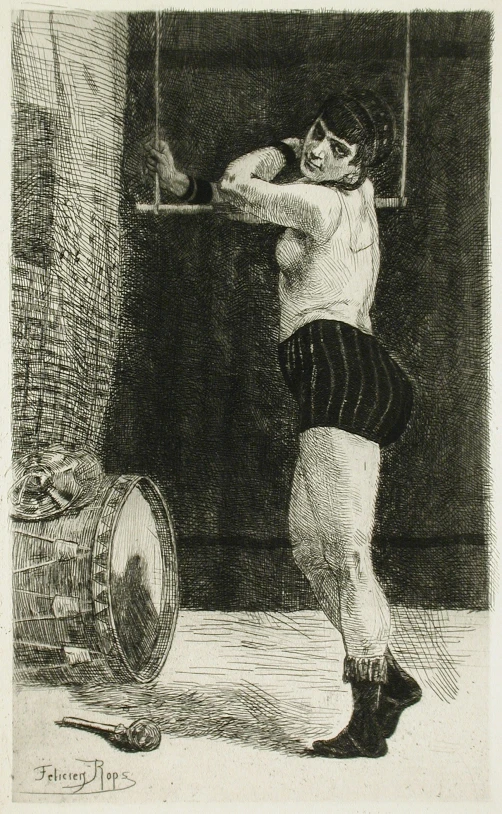 an old black and white drawing of a man in the middle of his underwear