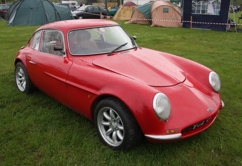 this is an old red car in a field