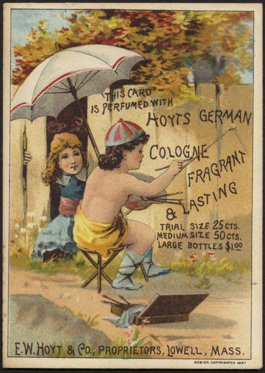 this postcard features an illustration of a boy sitting on a chair with an umbrella