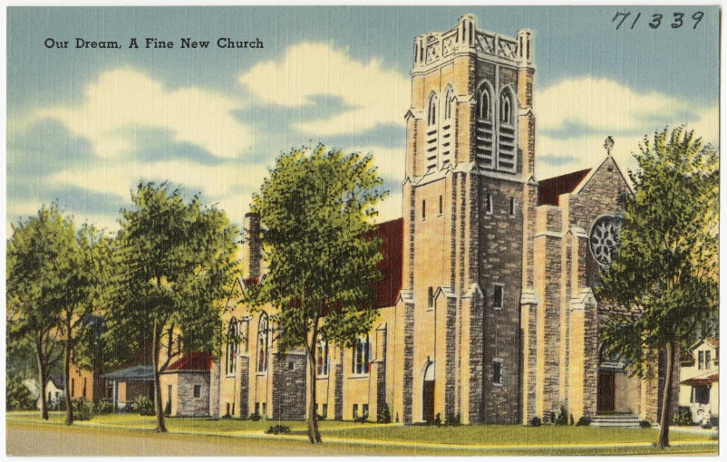 an old postcard showing a church on a street