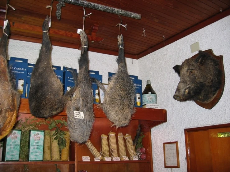 a shelf holding a group of dead meat hanging from a ceiling